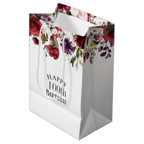 Red Blush and Purple Elegant Floral 100th Birthday Medium Gift Bag