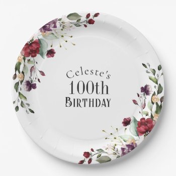 Red Blush And Purple Elegant Floral 100th Birthday Paper Plates by Oasis_Landing at Zazzle