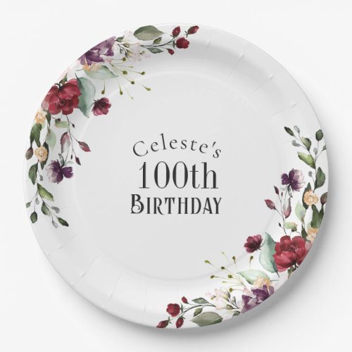 Red Blush and Purple Elegant Floral 100th Birthday Paper Plates