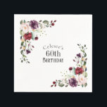 Red Blush and Purple Elegant Floral 60th Birthday Napkins<br><div class="desc">Part of a coordinating set of birthday party products celebrating an 60th birthday, honor someone special with this lovely watercolor floral birthday party napkin. Embellished with lovely boho floral corner bouquets in the stylish color combination of burgundy red, blush pink, plum purple, and peach with sumptuous greenery scattered throughout, it...</div>