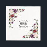 Red Blush and Purple Elegant Floral 60th Birthday Napkins<br><div class="desc">Part of a coordinating set of birthday party products celebrating an 60th birthday, honor someone special with this lovely watercolor floral birthday party napkin. Embellished with lovely boho floral corner bouquets in the stylish color combination of burgundy red, blush pink, plum purple, and peach with sumptuous greenery scattered throughout, it...</div>
