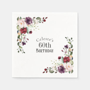 Red Blush and Purple Elegant Floral 60th Birthday Napkins