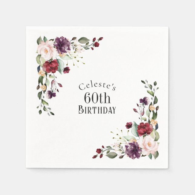 Red Blush and Purple Elegant Floral 60th Birthday Napkins (Front)