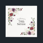 Red Blush and Purple Elegant Floral 70th Birthday Napkins<br><div class="desc">Part of a coordinating set of birthday party products celebrating an 70th birthday, honor someone special with this lovely watercolor floral birthday party napkin. Embellished with lovely boho floral corner bouquets in the stylish color combination of burgundy red, blush pink, plum purple, and peach with sumptuous greenery scattered throughout, it...</div>