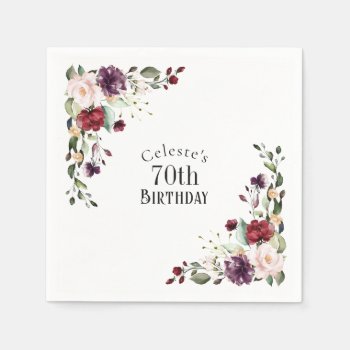 Red Blush And Purple Elegant Floral 70th Birthday Napkins by Oasis_Landing at Zazzle
