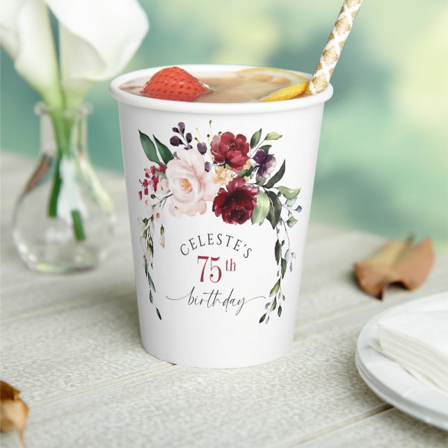 Red Blush and Purple Elegant Floral 75th Birthday Paper Cups (Insitu)