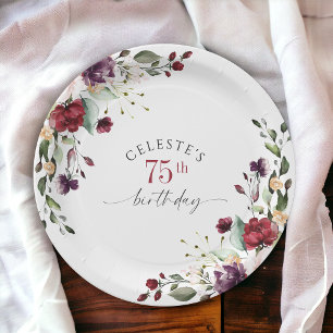 Red Blush and Purple Elegant Floral 75th Birthday Paper Plates