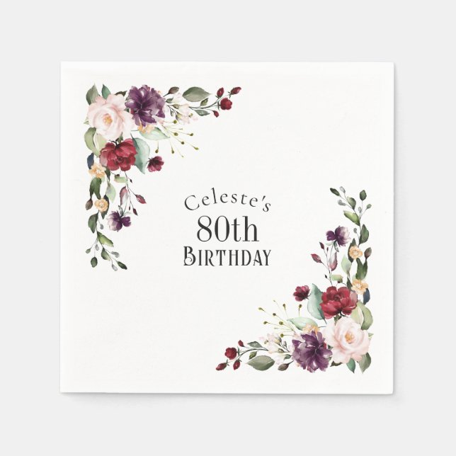 Red Blush and Purple Elegant Floral 80th Birthday Napkins (Front)
