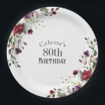 Red Blush and Purple Elegant Floral 80th Birthday Paper Plates<br><div class="desc">Part of a coordinating set of birthday party products celebrating an 80th birthday, honor someone special with this lovely watercolor floral birthday party plate. Embellished with lovely boho floral bouquets on opposite sides in the stylish color combination of burgundy red, blush pink, plum purple, and peach with sumptuous greenery scattered...</div>
