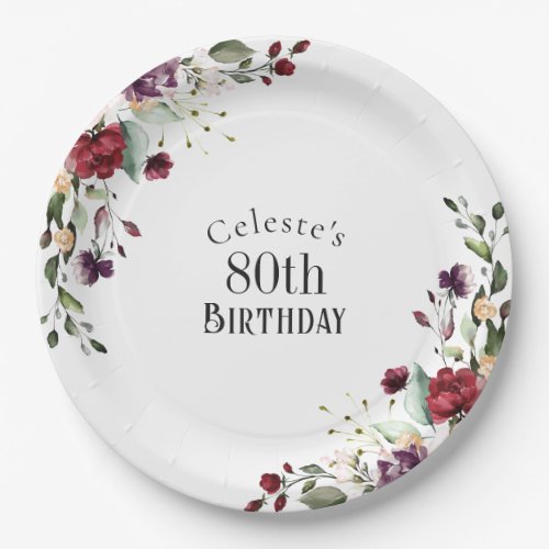 Red Blush and Purple Elegant Floral 80th Birthday Paper Plates