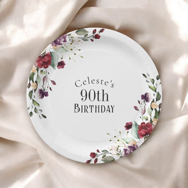 Red Blush and Purple Elegant Floral 90th Birthday Paper Plates (Creator Uploaded)