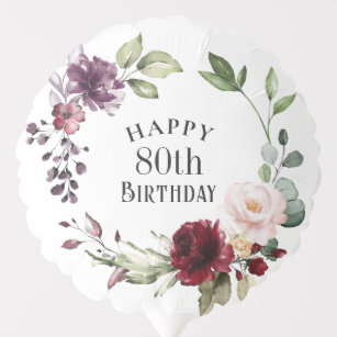 Red Blush and Purple Floral 80th Birthday Balloon