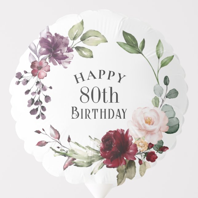 Red Blush and Purple Floral 80th Birthday Balloon (Front)