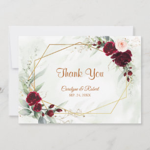 Red Blush Burgundy Gold Geometric Greenery Wedding Thank You Card