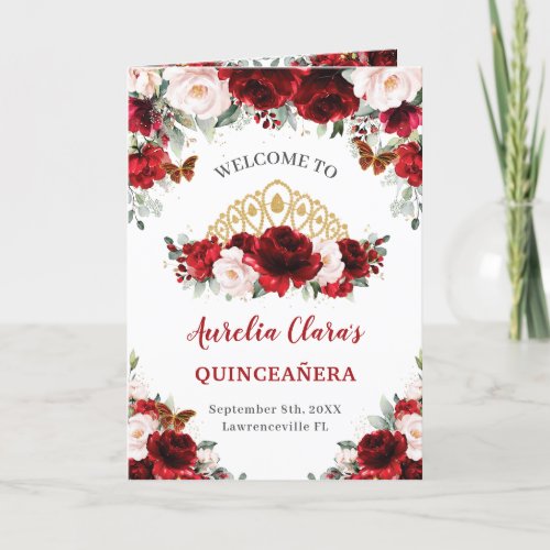 Red Blush Floral Gold Quinceaera Order of Events  Program