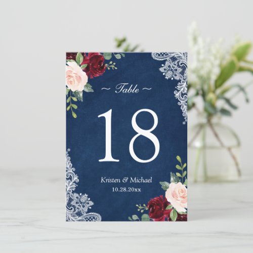 Red Blush Floral Navy Blue Wedding Table Number - Burgundy Blush Floral Lace Navy Blue Wedding Table Number Card. 
(1) Please customize this template one by one (e.g, from number 1 to xx) , and add each number card separately to your cart. 
(2) The default size is 4.5" x 6.25", you are able to change it to other sizes (e.g. 3.5 x 5, 5 x 7 ...) 
(2) For further customization, please click the "customize further" link and use our design tool to modify this template. 
(3) If you need help or matching items, please contact me.