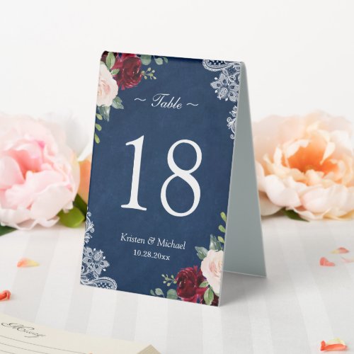 Red Blush Floral Navy Blue Wedding Table Number Table Tent Sign