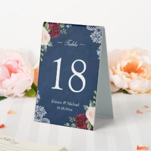 Red Blush Floral Navy Blue Wedding Table Number Tent