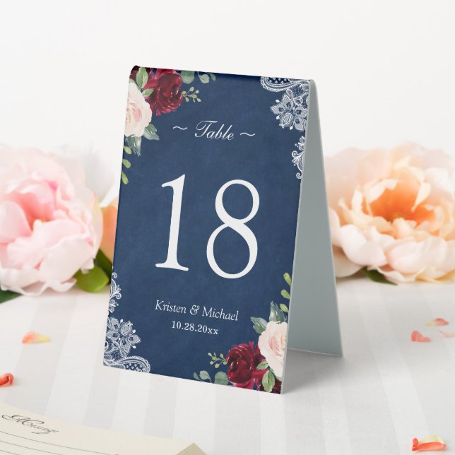 Red Blush Floral Navy Blue Wedding Table Number Tent (In SItu (Wedding))