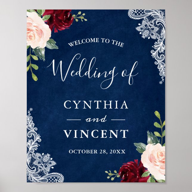Red Blush Floral Navy Blue Wedding Welcome Sign (Front)