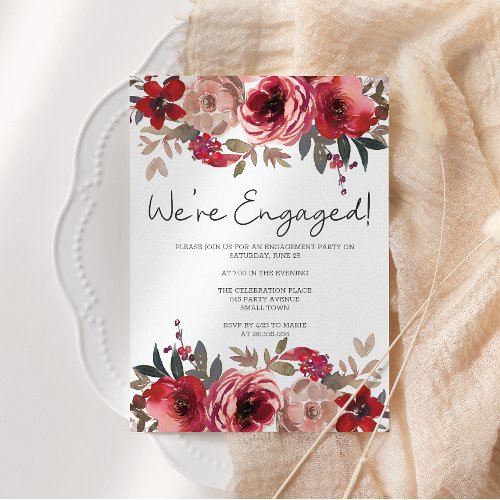 Red Blush Floral Roses Engagement Party Invitation