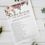 Red Blush Floral Roses Game Who Knows Bride Best Flyer<br><div class="desc">Who Knows The Bride Best bridal shower game.  Watercolor Red and Blush Floral.   Matching items to complete your event collection are available in our Zazzle store!</div>
