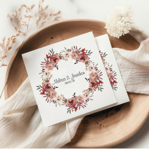 Red Blush Floral Roses Romantic Wedding Napkins