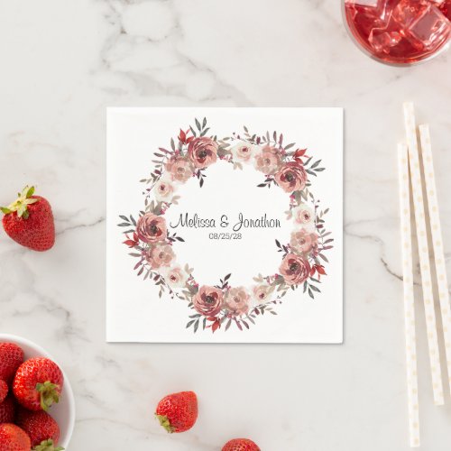 Red Blush Floral Roses Romantic Wedding Napkins