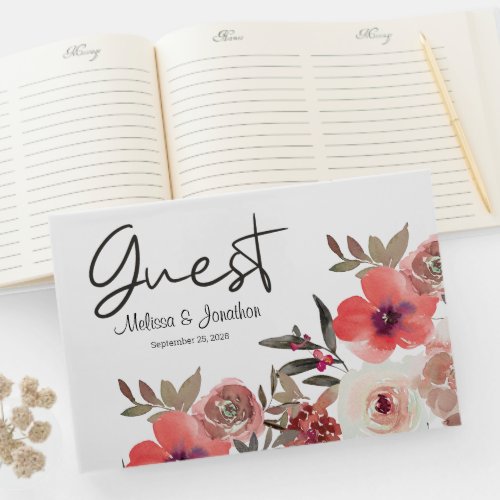Red Blush Floral Roses Wedding Guest Book