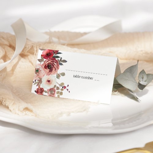 Red Blush Floral Roses Wedding Place Card