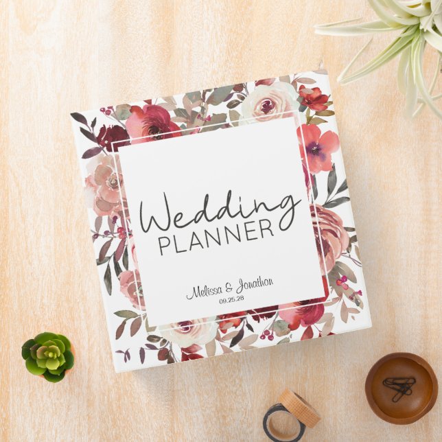 Red Blush Floral Roses Wedding Planner 3 Ring Binder (In Situ)