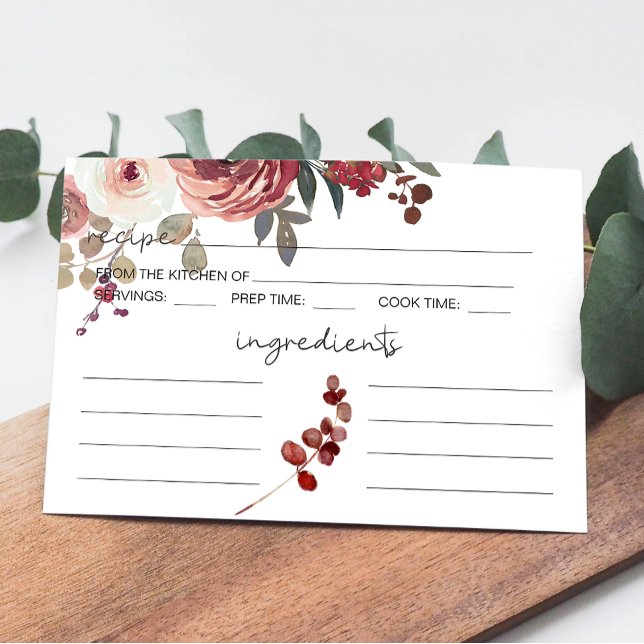 Red Blush Floral Roses Wedding Recipe Card (Creator Uploaded)