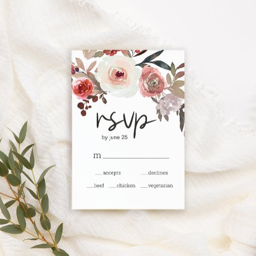 Red Blush Floral Roses Wedding RSVP Card