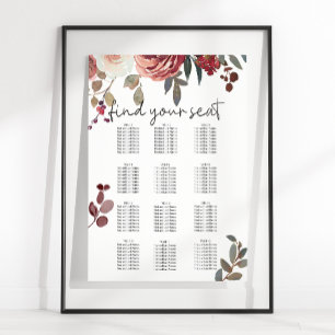 Red Blush Floral Roses Wedding Seating Chart
