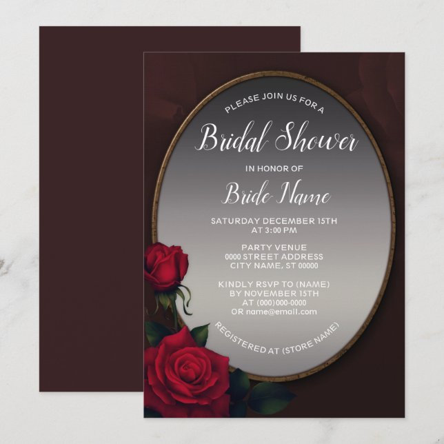 Red Blush Floral Silver Gray Mirror Bridal Shower Invitation (Front/Back)