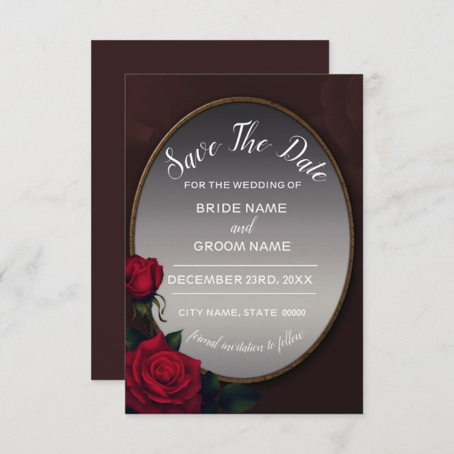 Red Blush Floral Silver Gray Mirror Save The Date (Front/Back)