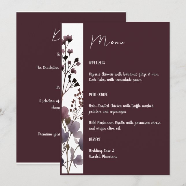 Red Blush Floral Wedding Elegant Romantic Menu (Front/Back)