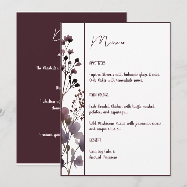 Red Blush Floral Wedding Elegant Romantic Menu (Front/Back)