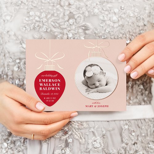 Red Blush Ornament Baby Announcement Holiday Card