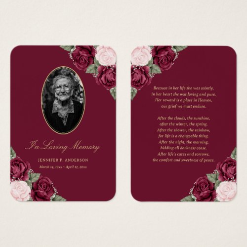 Red Blush Pink Floral Funeral Prayer Card