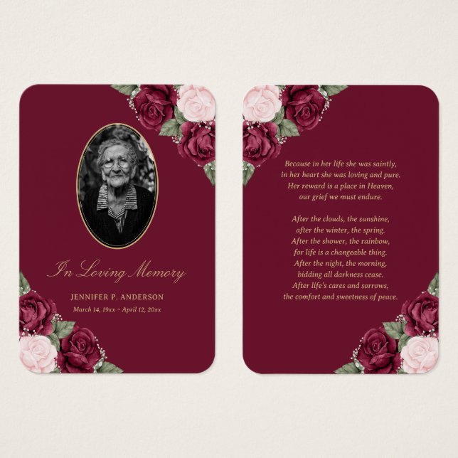 Red Blush Pink Floral Funeral Prayer Card (Front & Back)