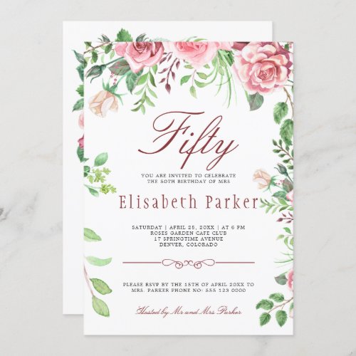 Red Blush Pink Floral Garden 50th Birthday Party Invitation