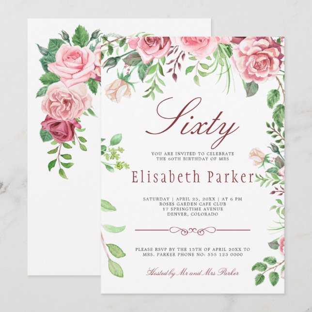 Red Blush Pink Floral Garden 60th Birthday Party Invitation (Front/Back)