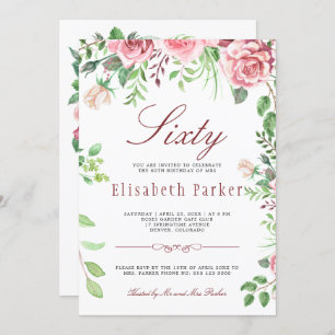 Red Blush Pink Floral Garden 60th Birthday Party Invitation