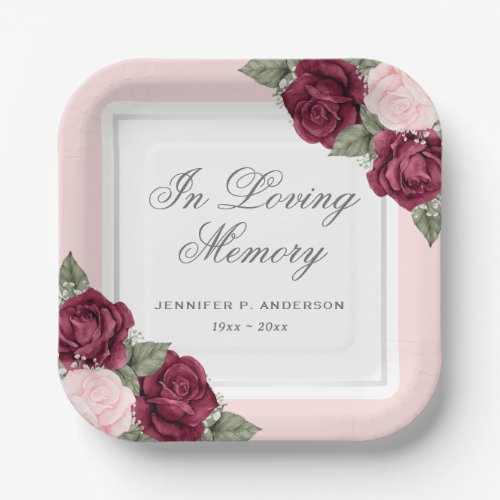 Red Blush Pink Floral Memorial Funeral Paper Plates