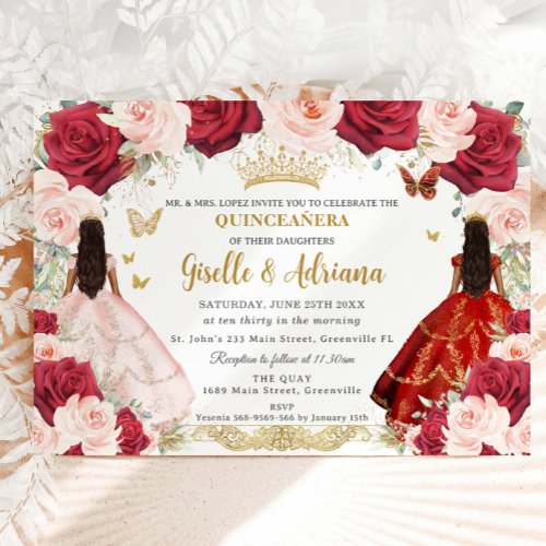 Red Blush Pink Floral Twins Gold Quinceaera Invitation