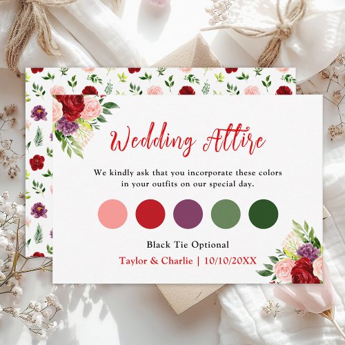 Red Blush Pink Floral Wedding Attire Dress Code Enclosure Card