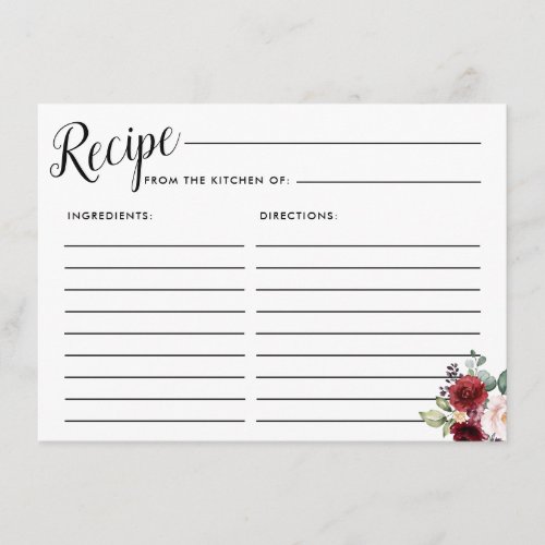 Red Blush Pink Rose Floral Bridal Recipe Card