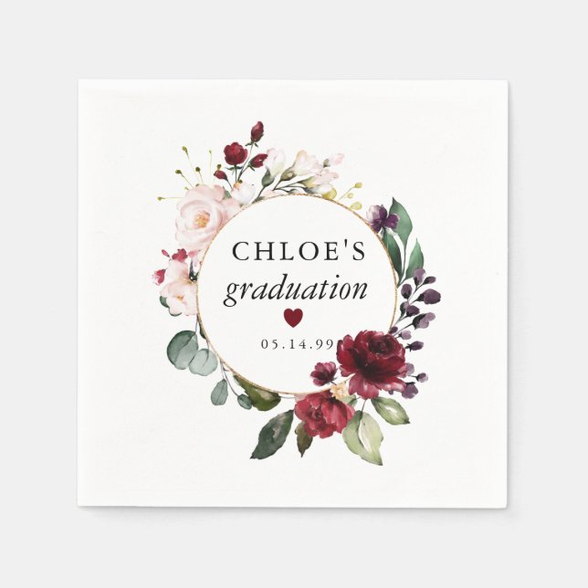Red Blush Pink Rose Floral Graduation Napkins (Front)