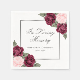 Red Blush Pink Silver Floral Funeral Memorial Napkins